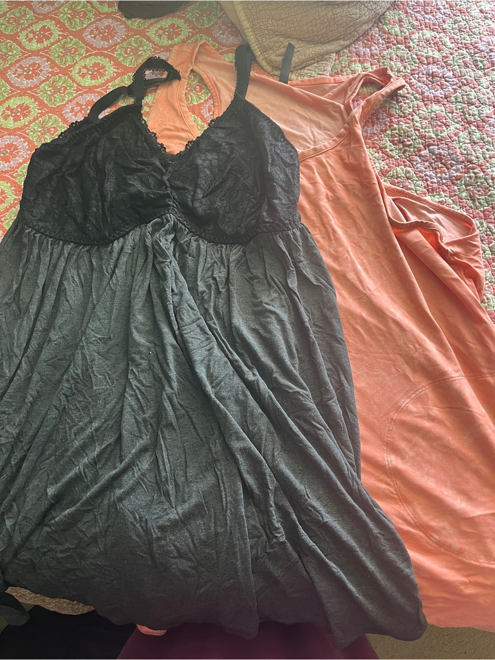 Two Torrid pajama. Black Lace Bust and Charcoal Skirt with Coral Sleep Tank